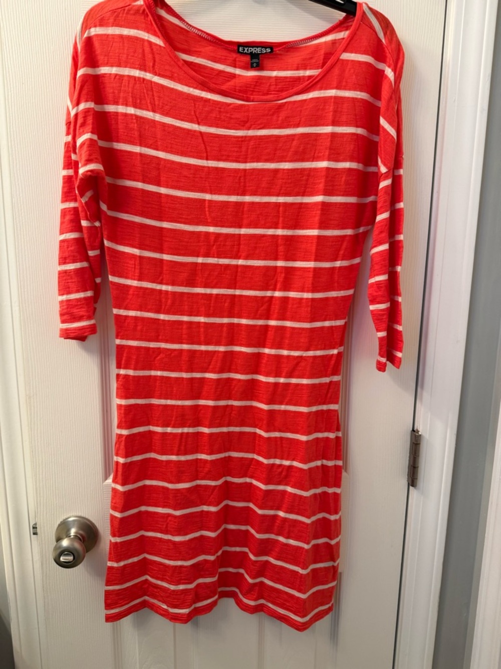 Express Coral and White Striped Short Sleeve Knit Top